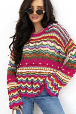Sale Dear-Lover Colorblock Striped Hollowed Knit Loose Sleeve Sweater Rose Red