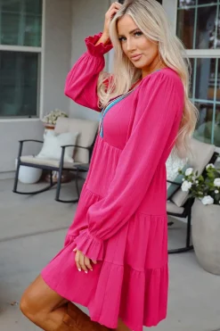 Discount Dear-Lover Colorful Crochet V Neck Textured Tiered Ruffled Long Sleeve Mini Dress Rose Red