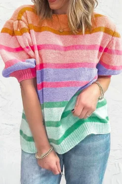 New Dear-Lover Colorful Stripe Bubble Short Sleeve Sweater Rose Red