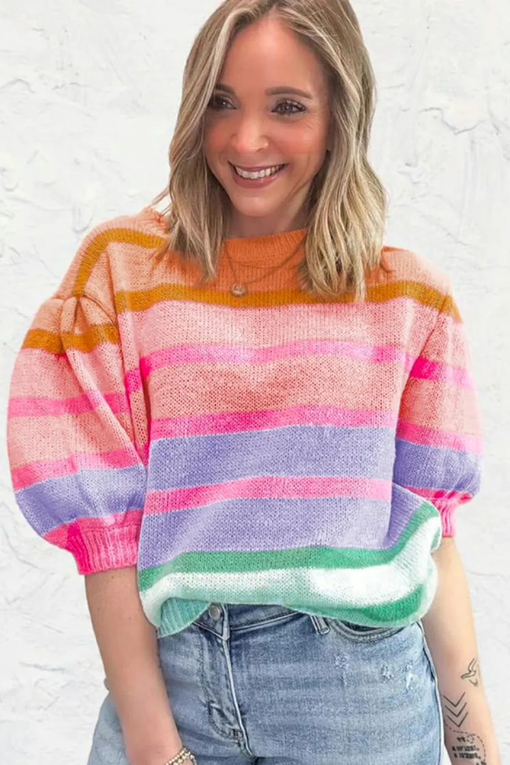 New Dear-Lover Colorful Stripe Bubble Short Sleeve Sweater Rose Red