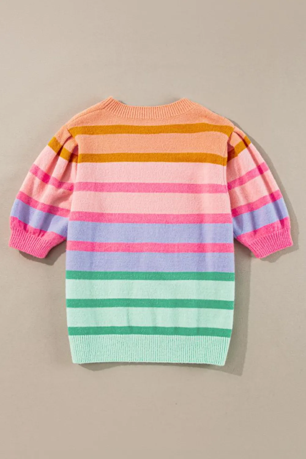 New Dear-Lover Colorful Stripe Bubble Short Sleeve Sweater Rose Red