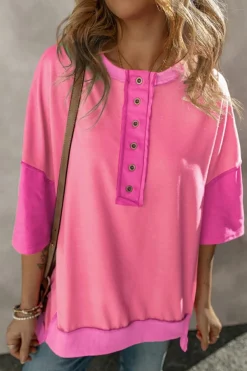 Best Dear-Lover Contrast Color Patchwork Half Button T Shirt Rose Red