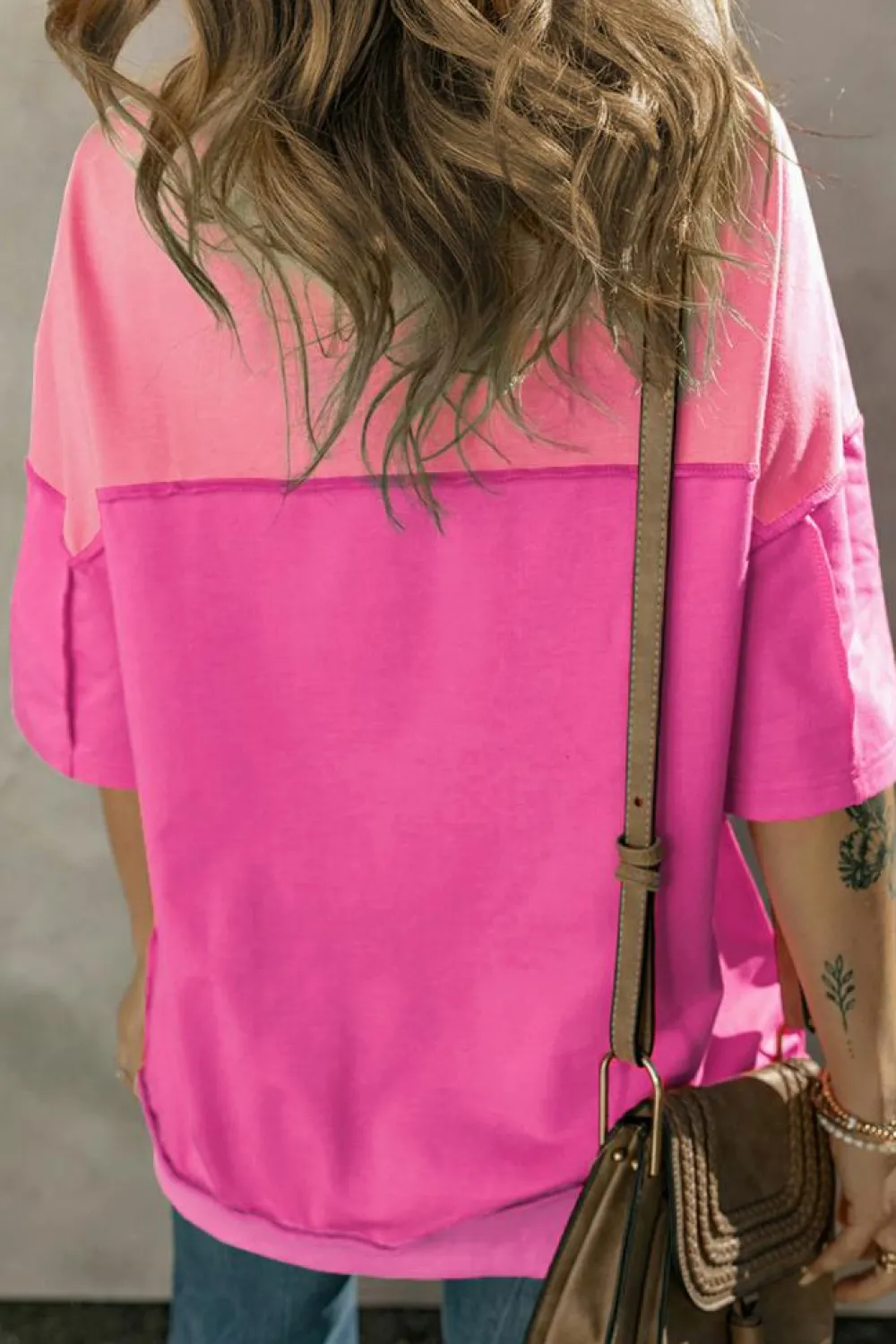 Best Dear-Lover Contrast Color Patchwork Half Button T Shirt Rose Red