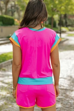 Clearance Dear-Lover Contrast Trim Cap Sleeve Tee Shorts Set Rose Red