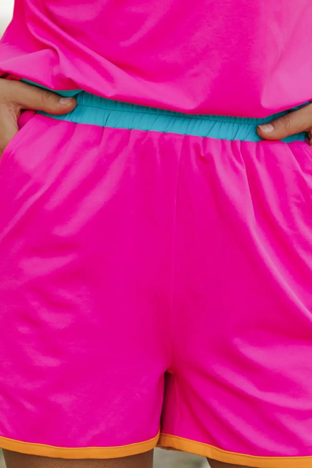 Clearance Dear-Lover Contrast Trim Cap Sleeve Tee Shorts Set Rose Red