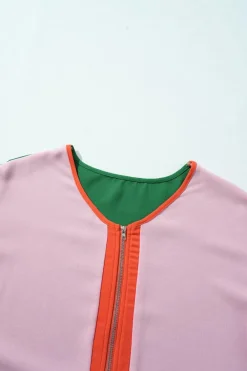 Hot Dear-Lover Contrast Trim Color Block Front Zipped T Shirt Rose Red