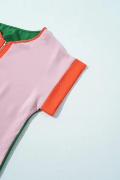 Hot Dear-Lover Contrast Trim Color Block Front Zipped T Shirt Rose Red