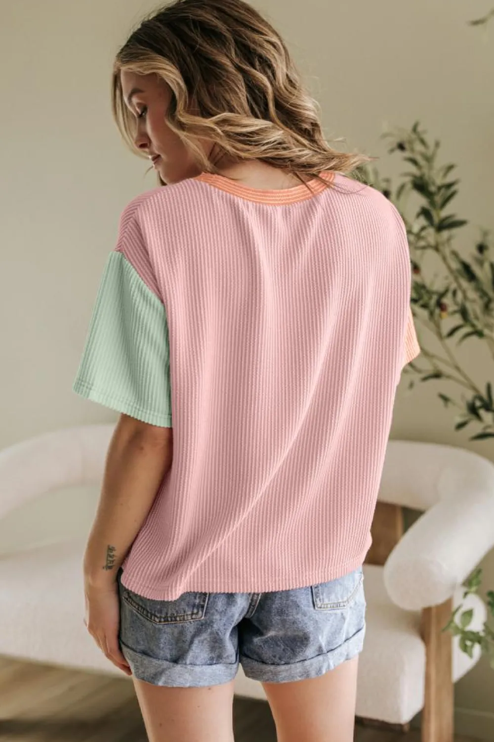 Online Dear-Lover Corded Colorblock Crewneck Tee Rose Red