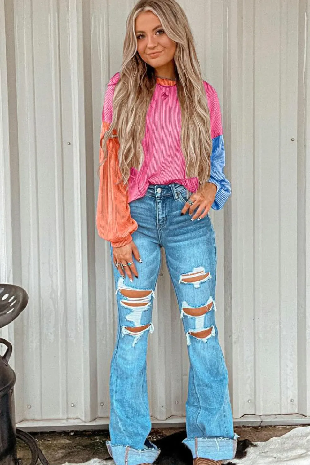 Best Dear-Lover Corded Colorblock Patchwork Drop Shoulder Long Sleeve Top Rose Red