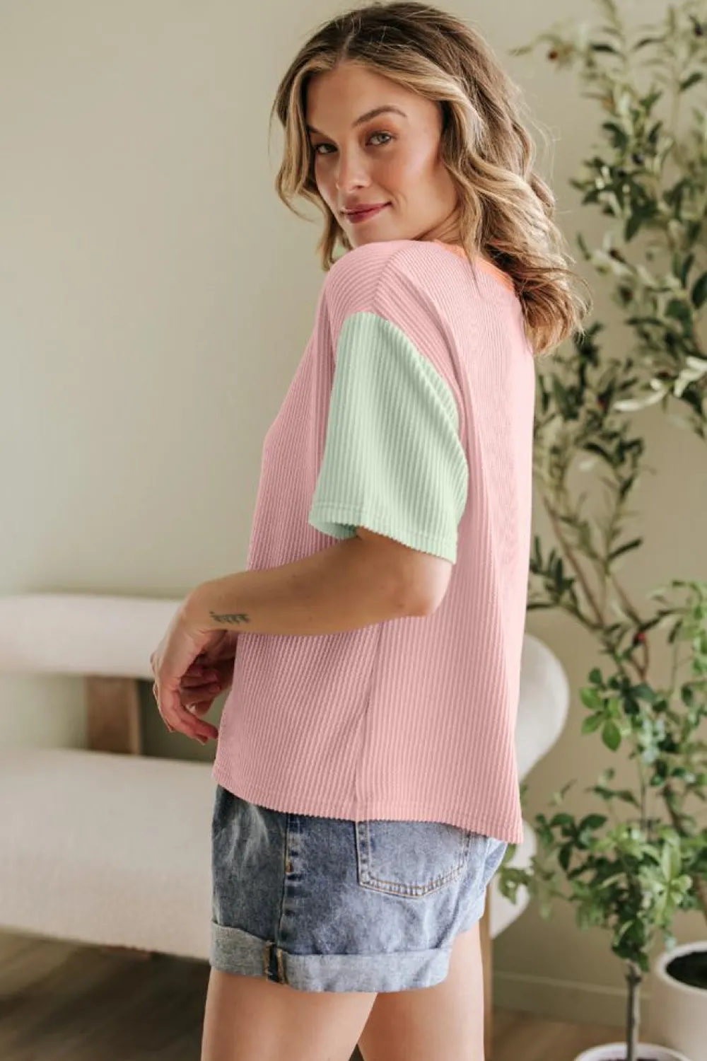 Online Dear-Lover Corded Colorblock Crewneck Tee Rose Red
