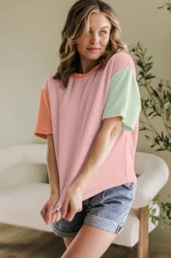 Online Dear-Lover Corded Colorblock Crewneck Tee Rose Red