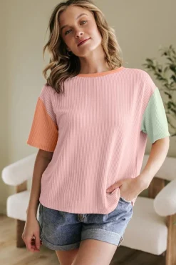 Online Dear-Lover Corded Colorblock Crewneck Tee Rose Red