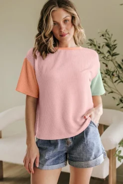Online Dear-Lover Corded Colorblock Crewneck Tee Rose Red