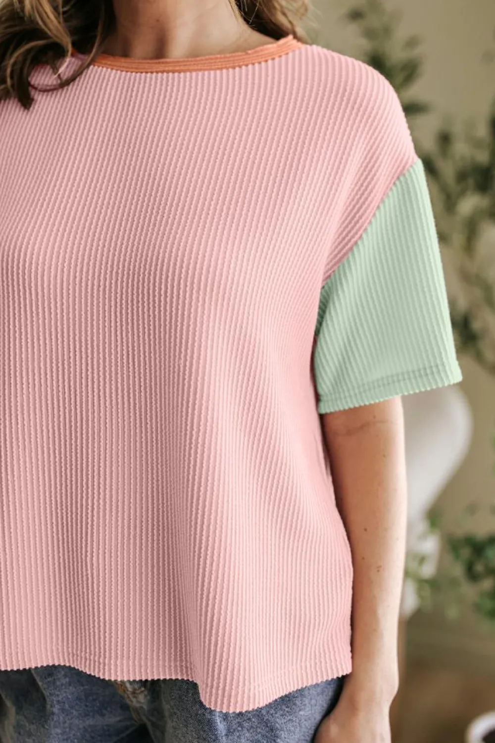 Online Dear-Lover Corded Colorblock Crewneck Tee Rose Red