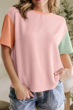Online Dear-Lover Corded Colorblock Crewneck Tee Rose Red