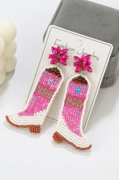 Clearance Dear-Lover Cowboy Boots Rice Bead Dangle Earrings Rose Red