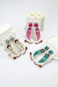 Clearance Dear-Lover Cowboy Boots Rice Bead Dangle Earrings Rose Red