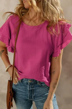 New Dear-Lover Crinkled Cotton Gauze Ruffle Sleeve Blouse Rose Red