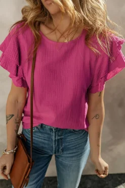 New Dear-Lover Crinkled Cotton Gauze Ruffle Sleeve Blouse Rose Red