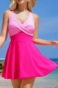 Fashion Dear-Lover Crisscross Straps Tie Back Flared One Piece Swimsuit Rose Red