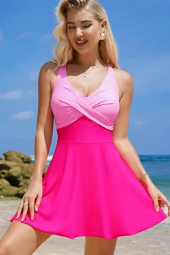 Fashion Dear-Lover Crisscross Straps Tie Back Flared One Piece Swimsuit Rose Red