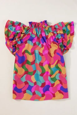 Online Dear-Lover Dramatic Ruffle Sleeve Smock Neck Wavy Print Top Rose Red