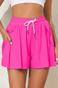 Best Dear-Lover Drawstring Elastic Waist Lined Ruffle Shorts Bikini Bottom Rose Red
