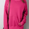 New Dear-Lover Drop Shoulder Crisscross Stitching Pocketed Loose Sweatshirt Rose Red