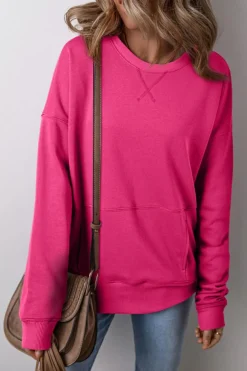 New Dear-Lover Drop Shoulder Crisscross Stitching Pocketed Loose Sweatshirt Rose Red