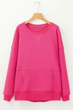 New Dear-Lover Drop Shoulder Crisscross Stitching Pocketed Loose Sweatshirt Rose Red