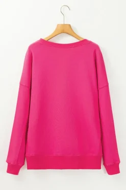 New Dear-Lover Drop Shoulder Crisscross Stitching Pocketed Loose Sweatshirt Rose Red