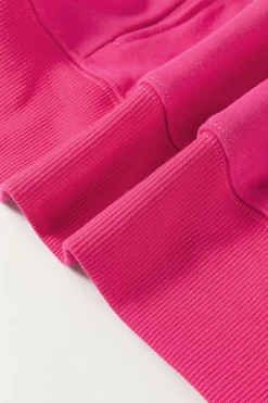 New Dear-Lover Drop Shoulder Crisscross Stitching Pocketed Loose Sweatshirt Rose Red