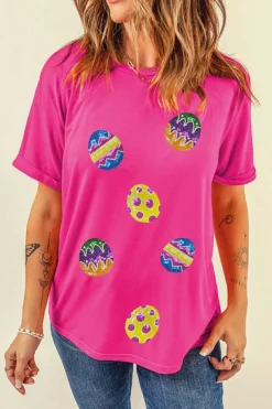 Sale Dear-Lover Easter Eggs Patched Crew Neck Graphic Tee Rose Red