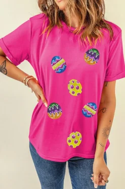 Sale Dear-Lover Easter Eggs Patched Crew Neck Graphic Tee Rose Red