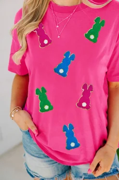 Outlet Dear-Lover Easter Rabbit Chenille Patched Pattern Crew Neck Tee Rose Red