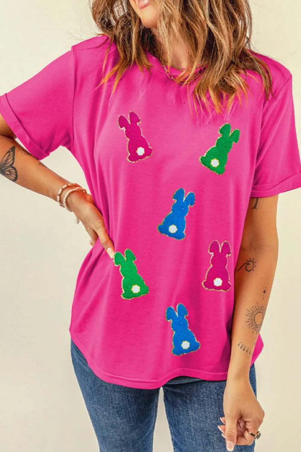 Outlet Dear-Lover Easter Rabbit Chenille Patched Pattern Crew Neck Tee Rose Red