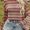 Hot Dear-Lover Ethnic Striped Wide Cropped Long Sleeve Top Rose Red