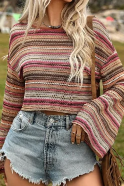 Hot Dear-Lover Ethnic Striped Wide Cropped Long Sleeve Top Rose Red