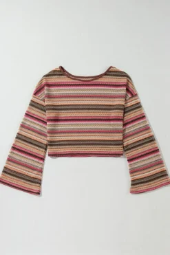 Hot Dear-Lover Ethnic Striped Wide Cropped Long Sleeve Top Rose Red