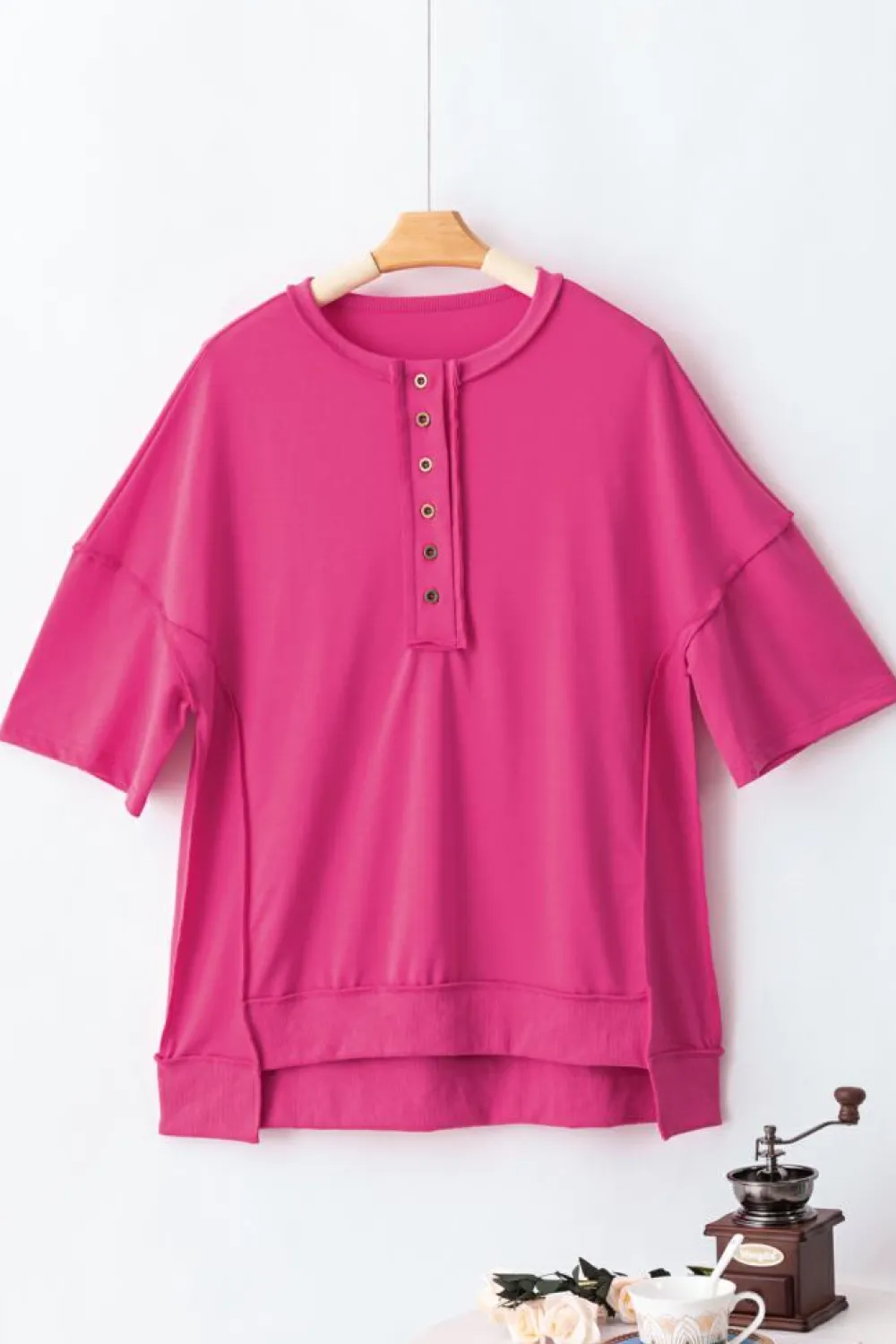 Clearance Dear-Lover Exposed Seam Button Neck Wide Sleeve Tunic Top Rose Red