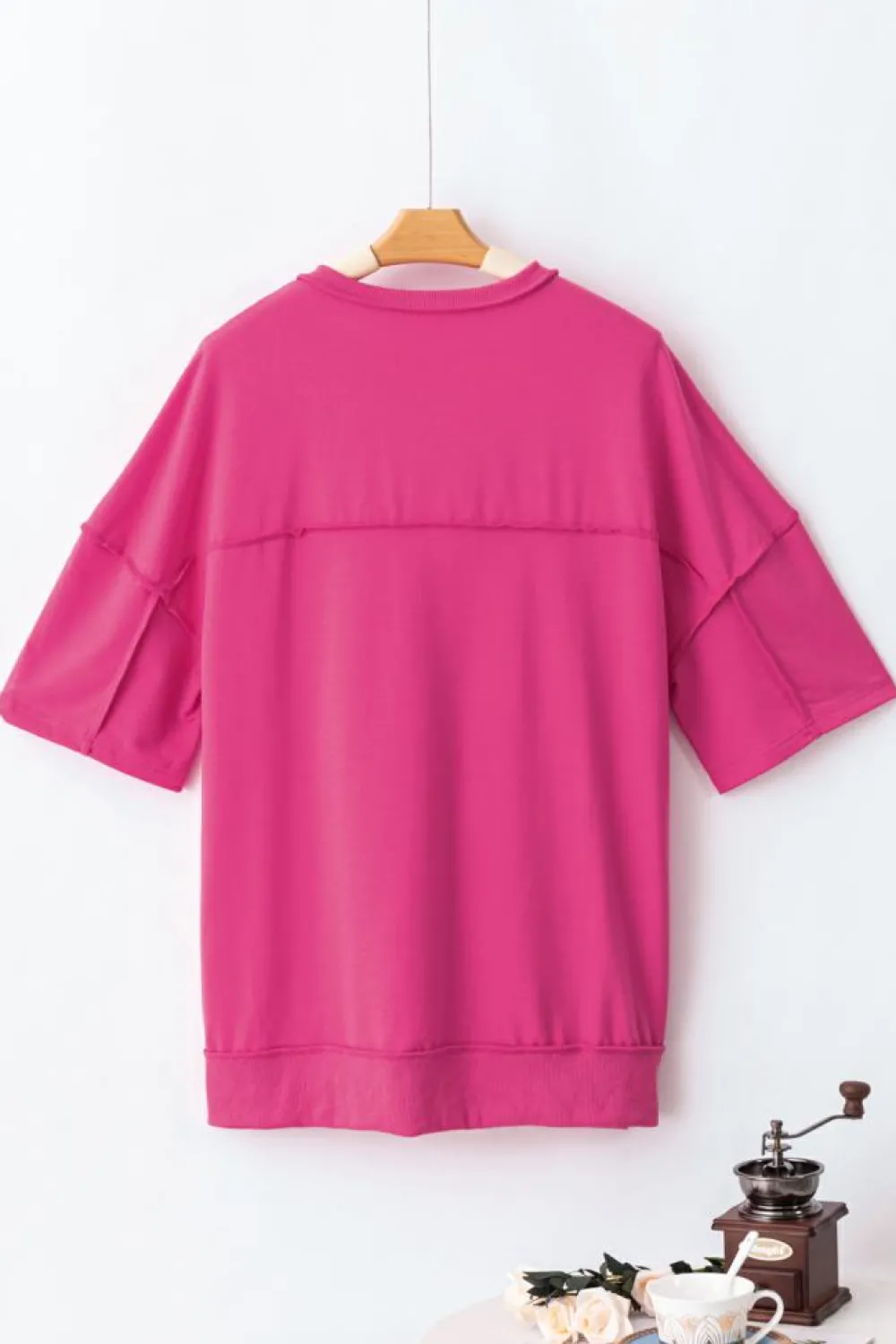 Clearance Dear-Lover Exposed Seam Button Neck Wide Sleeve Tunic Top Rose Red