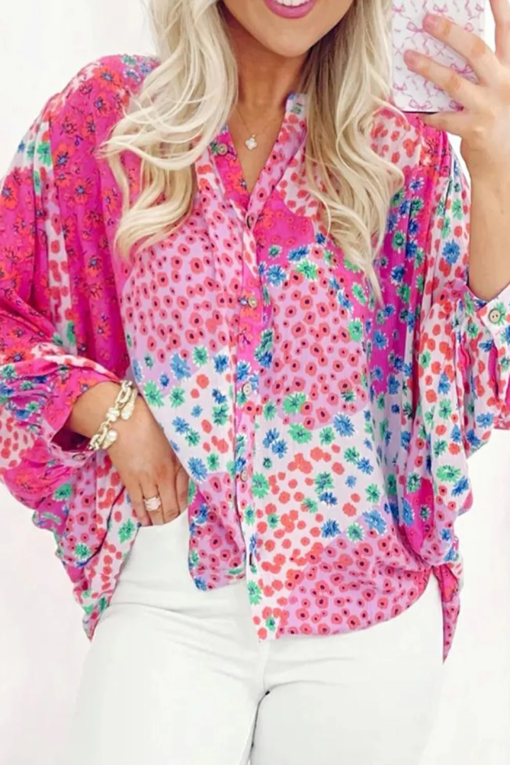 Outlet Dear-Lover Floral Allover Print Buttoned V Neck Oversized Shirt Rose Red
