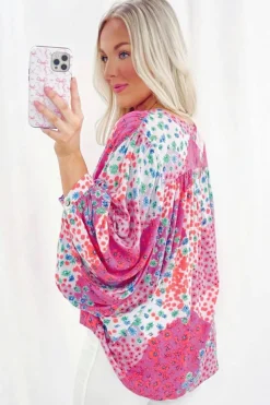 Outlet Dear-Lover Floral Allover Print Buttoned V Neck Oversized Shirt Rose Red