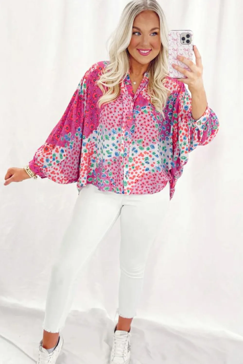 Outlet Dear-Lover Floral Allover Print Buttoned V Neck Oversized Shirt Rose Red