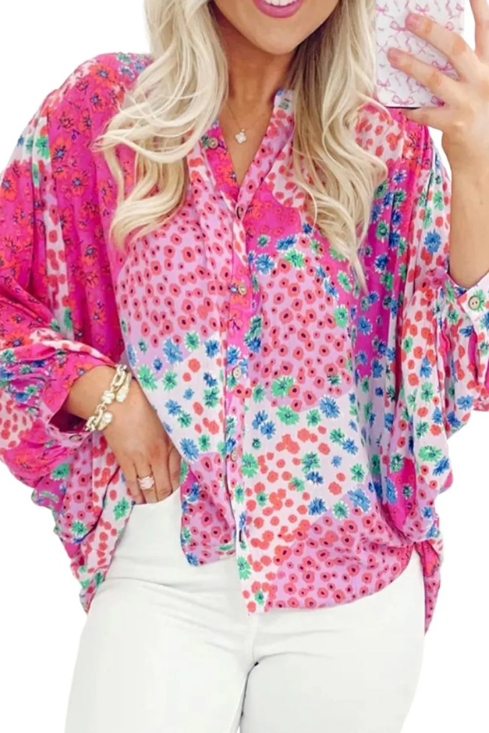 Outlet Dear-Lover Floral Allover Print Buttoned V Neck Oversized Shirt Rose Red