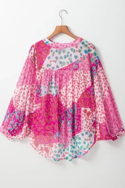 Outlet Dear-Lover Floral Allover Print Buttoned V Neck Oversized Shirt Rose Red