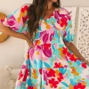 Hot Dear-Lover Floral Bubble Sleeve V Neck Tiered Ruffle Babydoll Dress Rose Red