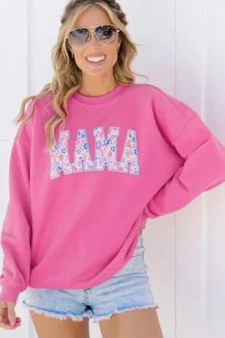 Discount Dear-Lover Floral MAMA Embroidered Graphic Pullover Sweatshirt Rose Red