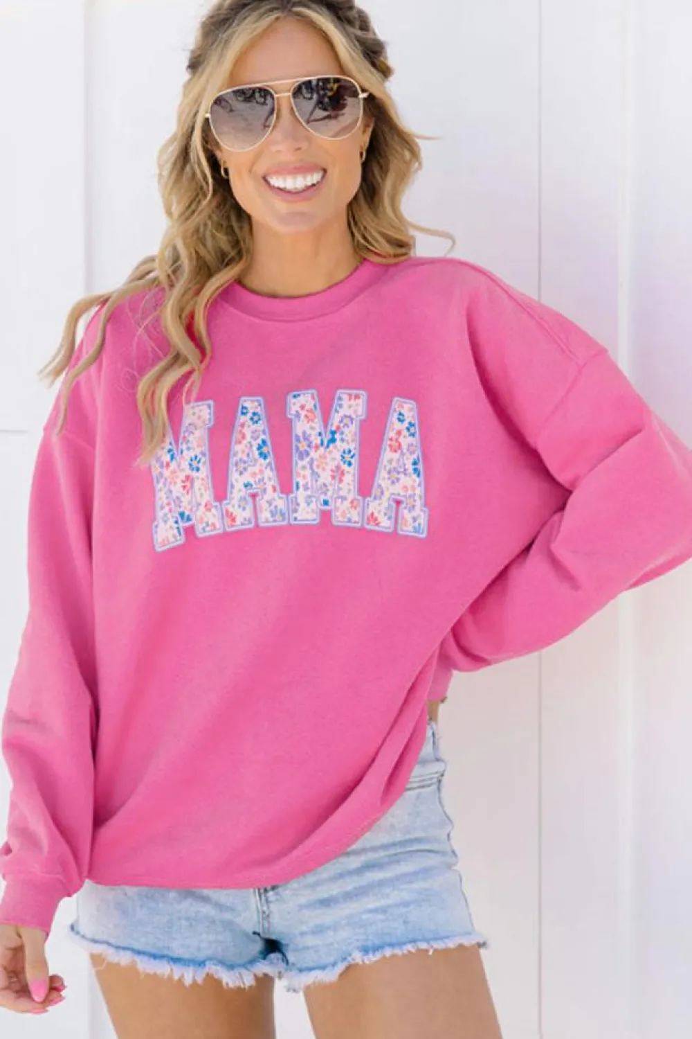 Discount Dear-Lover Floral MAMA Embroidered Graphic Pullover Sweatshirt Rose Red