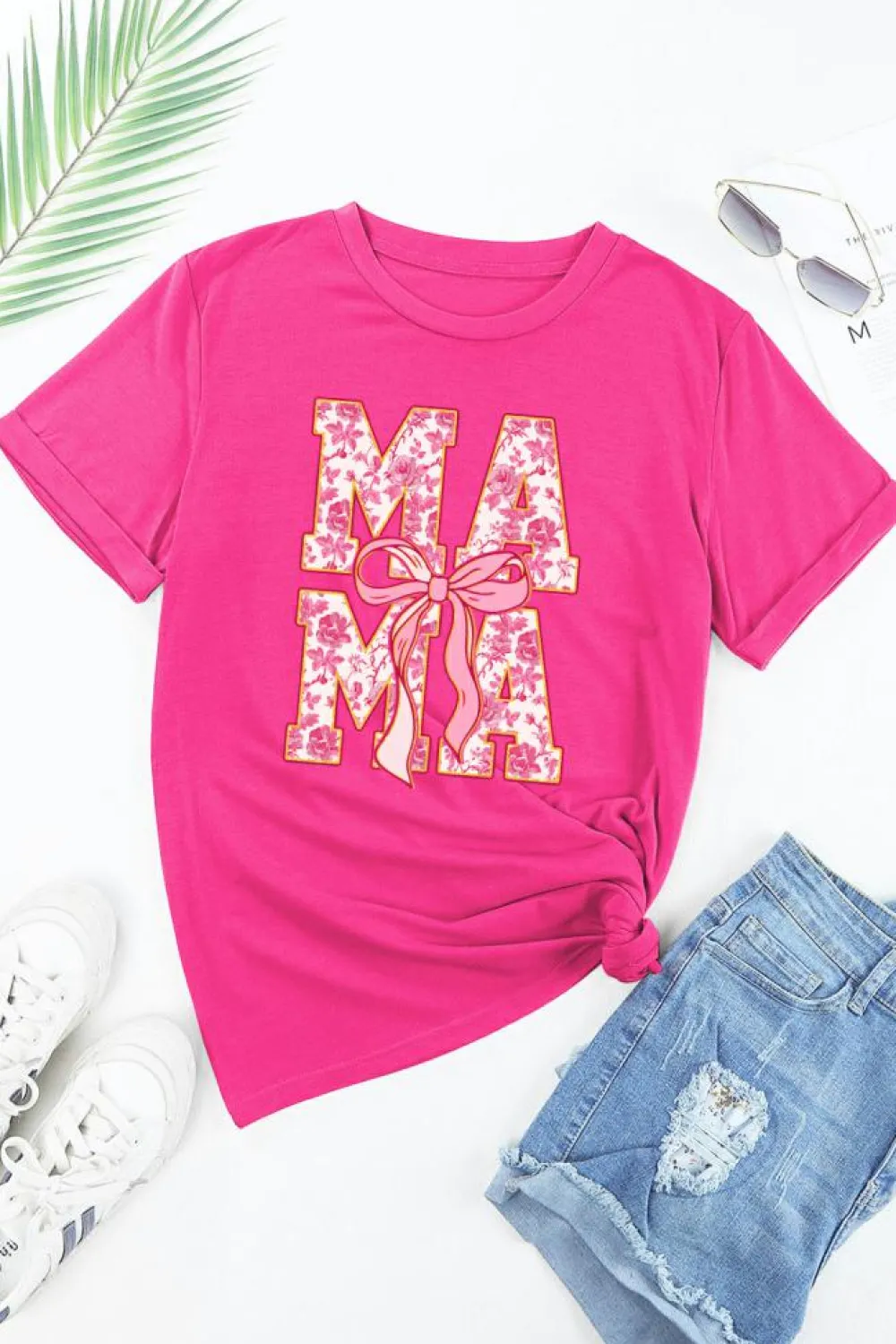 Sale Dear-Lover Floral MAMA Lettering Bow Print T Shirt Rose Red